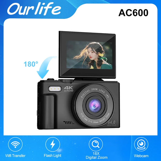 Compact 4K Digital Camera – 18X Zoom, Vintage Vlog Video Recorder for YouTube, 180° Flip Screen & WiFi Webcam