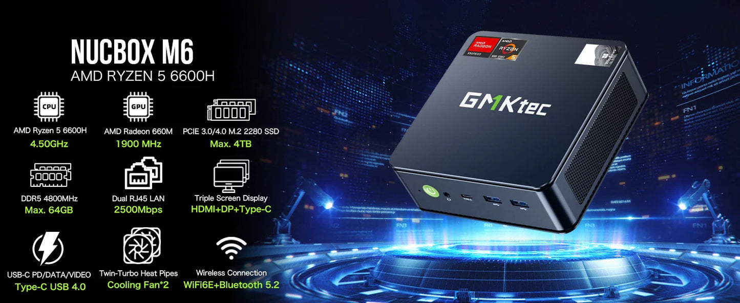 GMKtec M6 Mini PC – AMD R5 6600H 6-Core, 16GB DDR5, 512GB PCIe SSD, WiFi 6, BT5.2 Desktop Computer