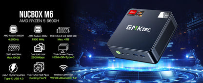 GMKtec M6 Mini PC – AMD R5 6600H 6-Core, 16GB DDR5, 512GB PCIe SSD, WiFi 6, BT5.2 Desktop Computer