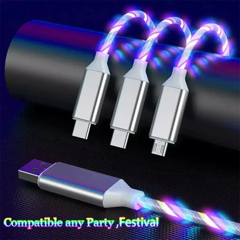 NNBILI 3-in-1 Glowing LED Fast Charging Cable – Luminous USB Type-C Charger for iPhone, Xiaomi & Phones