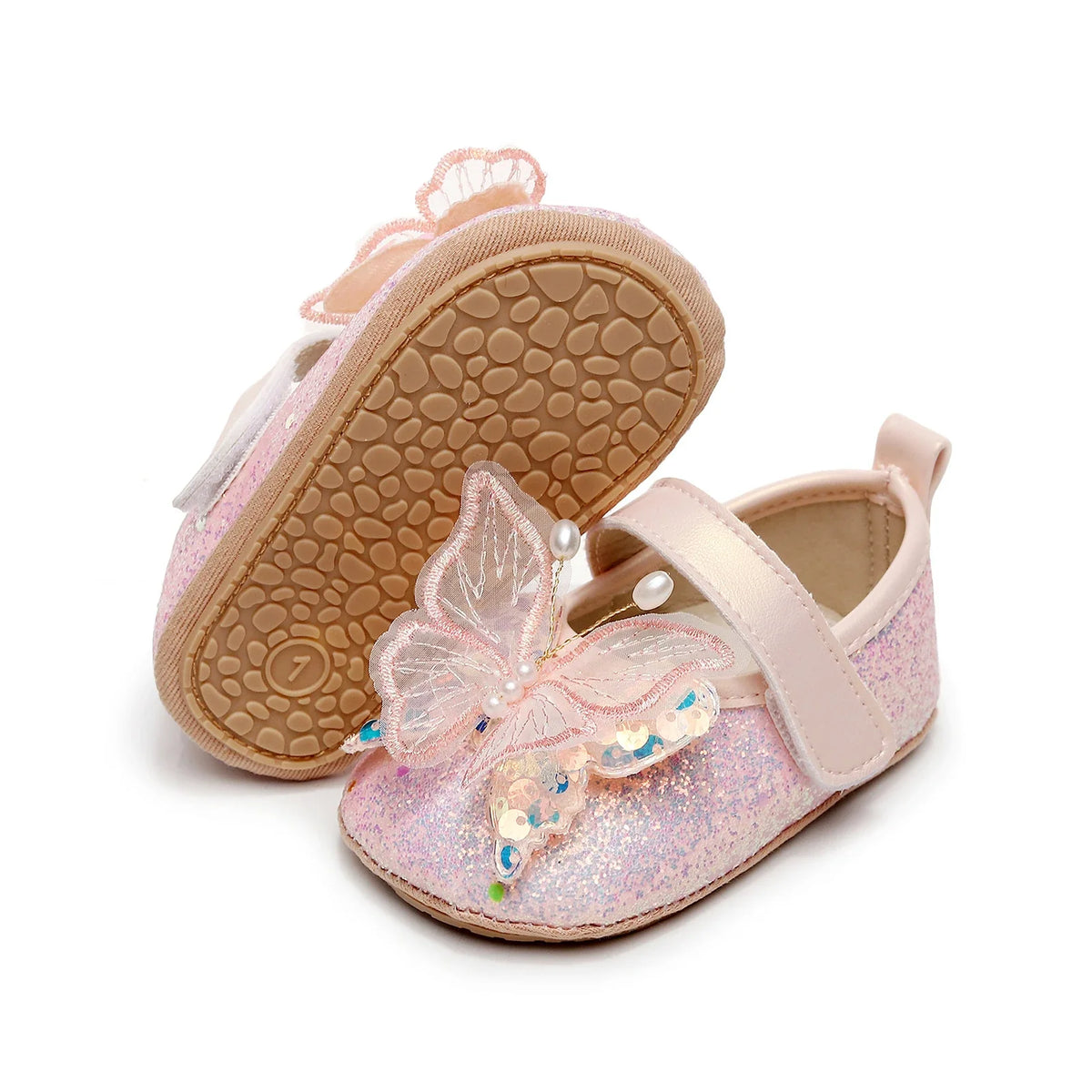 Baby Girls 3D Butterfly Glitter Flats - Non-Slip Princess Crib & Walking Shoes for Toddlers
