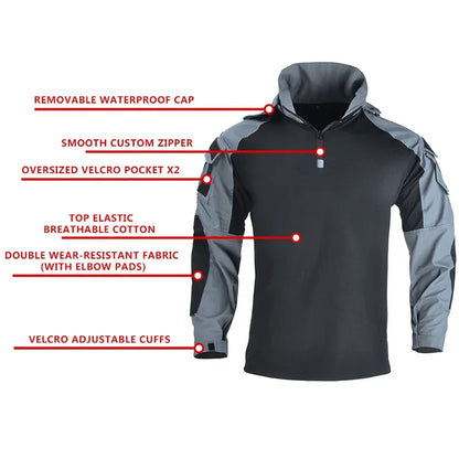 Men’s Tactical Camo Hooded Combat Shirt – Durable Cotton Airsoft & Paintball Hunting Outdoor Wear-Resistant Military Style T-Shirt