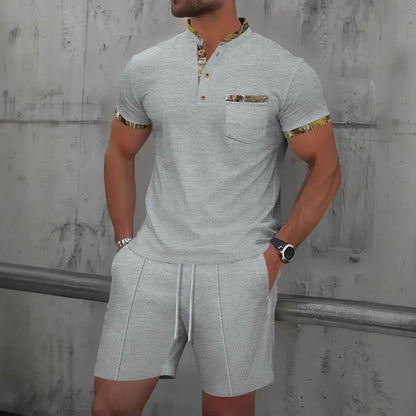 2025 Men's Summer Waffle Knit Short Set – Solid Color Zip-Up Lapel Shirt & Shorts | European & US Style