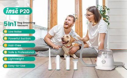 INSE P20 Pet Grooming Kit – Vacuum Suction 99% Pet Hair, Professional Clippers with 5 Tools for Dogs & Cats