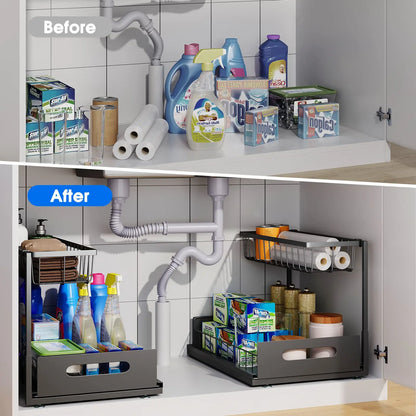 Under Sink 2-Tier Sliding Cabinet Organizer — Pull-Out Basket Drawer for Bathroom & Kitchen Storage