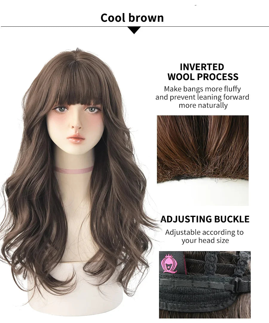 7JHH Brown Ash Long Deep Wave Lolita Wig for Women — Synthetic Hair with Bangs, Thick Curly Fashion Wig