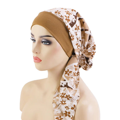 Women’s Pre-Tied Turban Cap – Muslim Hijab & Chemo Hair Loss Head Scarf with Flower Print Stretch Bandana
