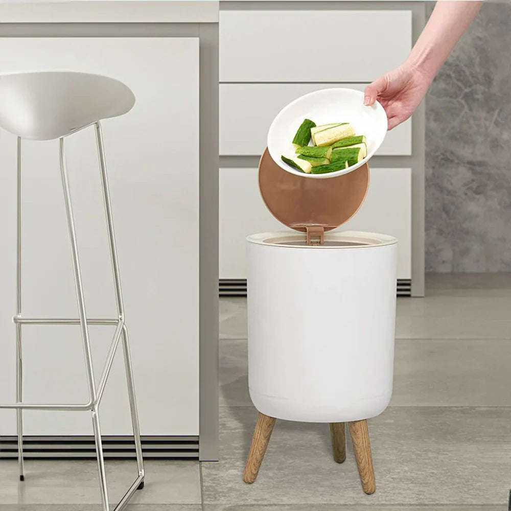 Wood Grain High-Foot Trash Can - Kitchen, Bathroom, Living Room, Desktop Storage Bucket for Office, Hotel Waste Bins
