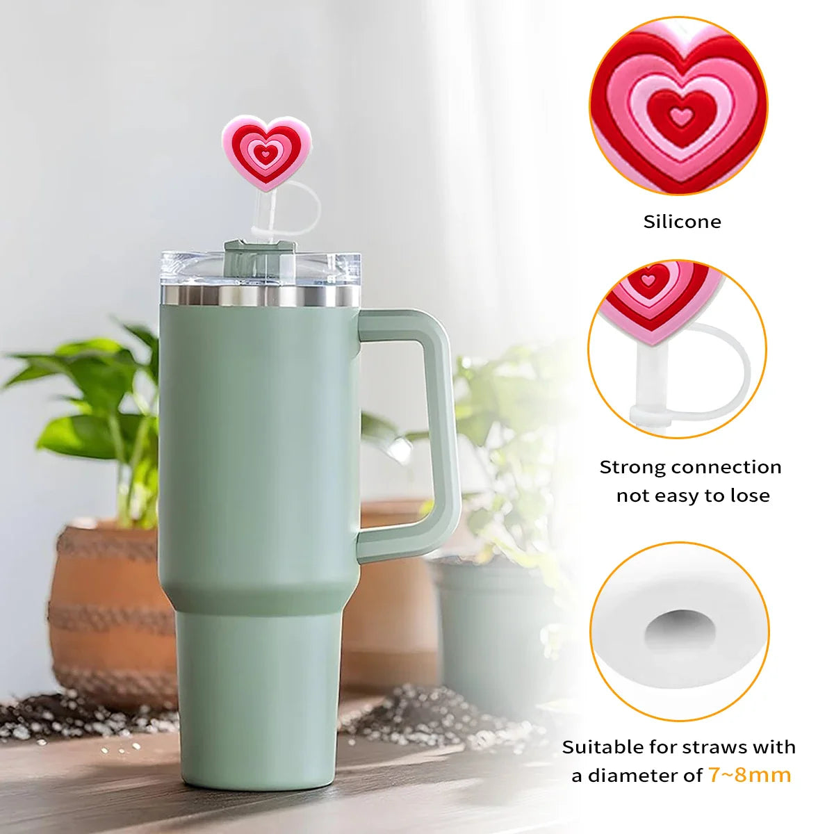 Leeseph 4-Piece Valentine Straw Covers - Cute Red and Pink Silicone Tips, Reusable for 7-8mm Diameter Straws