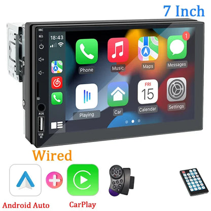 1DIN 7" HD Car Radio – CarPlay Android Auto Multimedia Player with Touchscreen, FM, AUX, Bluetooth & MirrorLink Universal Autoradio