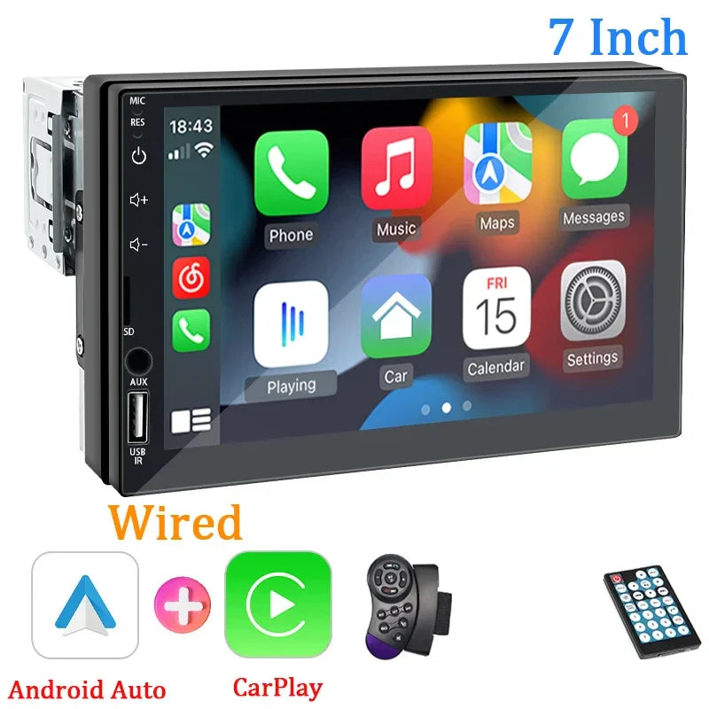1-DIN Car Radio with 7’’ HD Touch Screen — Android Auto & CarPlay Multimedia Player, FM, AUX, Bluetooth, MirrorLink Universal Autoradio