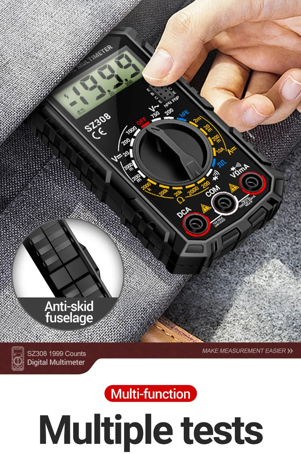 ANENG SZ308 1999-Count Multimeter — HFE Triode Tester, Square Wave Voltmeter & 10A Current Meter