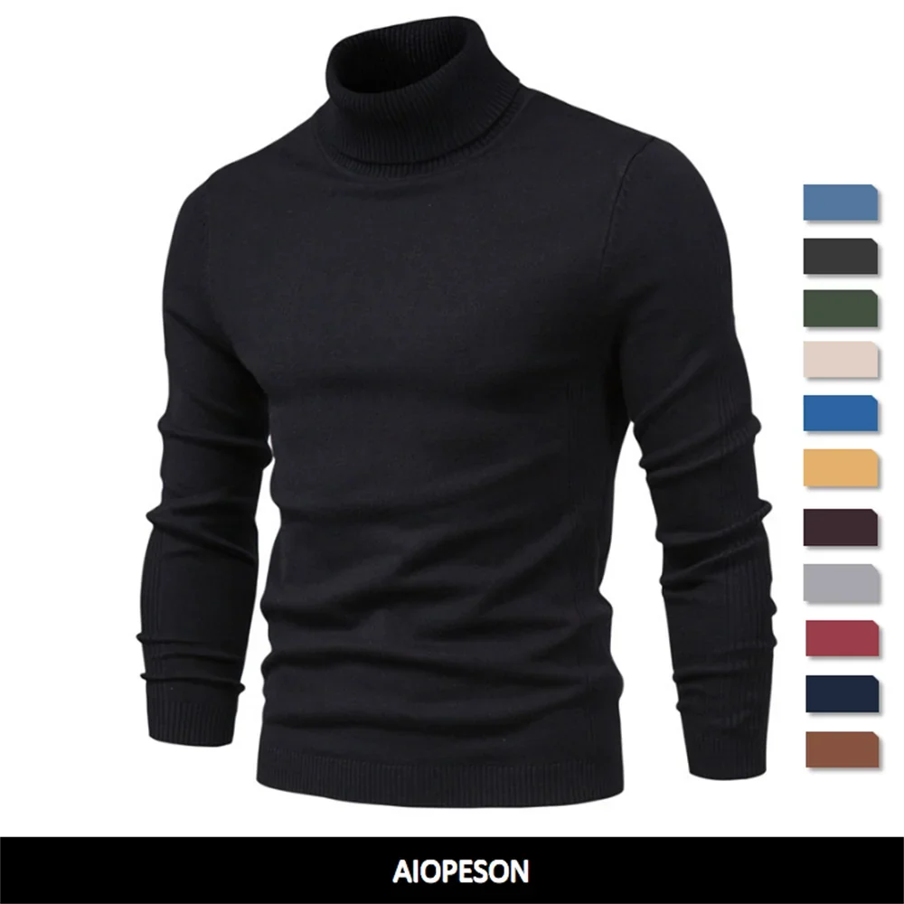Men's Winter Turtleneck Sweater - Solid Color Warm Slim Fit High Neck Long Sleeve Casual Pullover Top