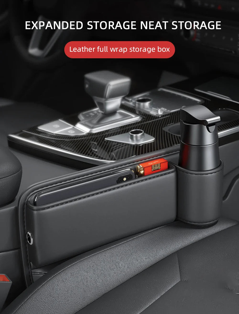 Multifunctional Car Seat Gap Organizer – Leak-proof PU Leather Storage Box with Cup Holder