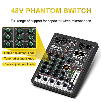 TKL 4 Channel DSP Audio Mixer – 99 Effects, 48V Phantom Power, USB, Bluetooth DJ Console for Karaoke and Studio Sound