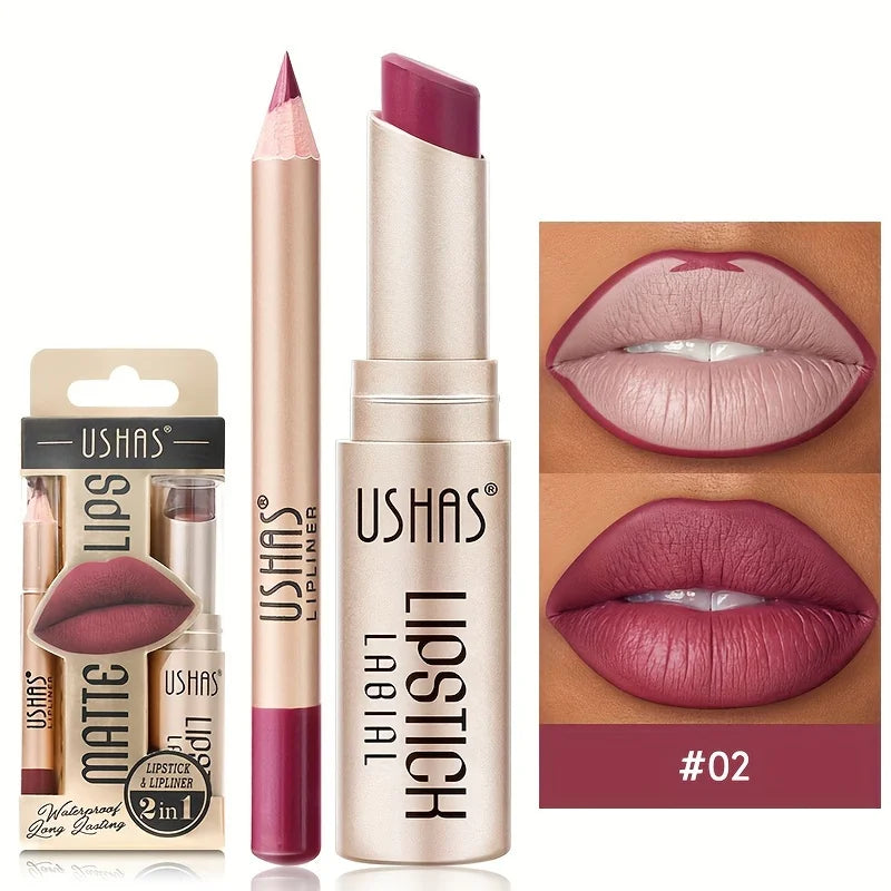 USHAS 12-Color Matte Lipstick & Lip Liner Set – Long-Lasting, Waterproof, Non-Stick Easy Coloring Lip Makeup Kit
