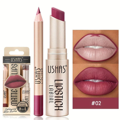 USHAS 12-Color Matte Lipstick & Lip Liner Set – Long-Lasting, Waterproof, Non-Stick Easy Coloring Lip Makeup Kit