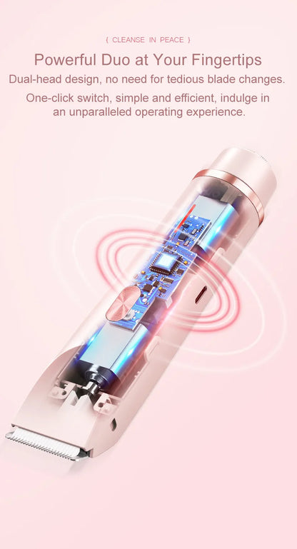 2-in-1 Dual-Head Electric Razor for Women – Painless Bikini Trimmer Wet & Dry Use with Detachable Heads