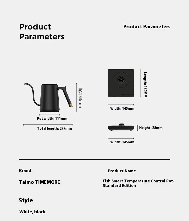 Timemore Fish Smart Electric Pour-Over Kettle 600ml — Temperature Control Coffee Pot for Hand Brew, 220V, Perfect Gift