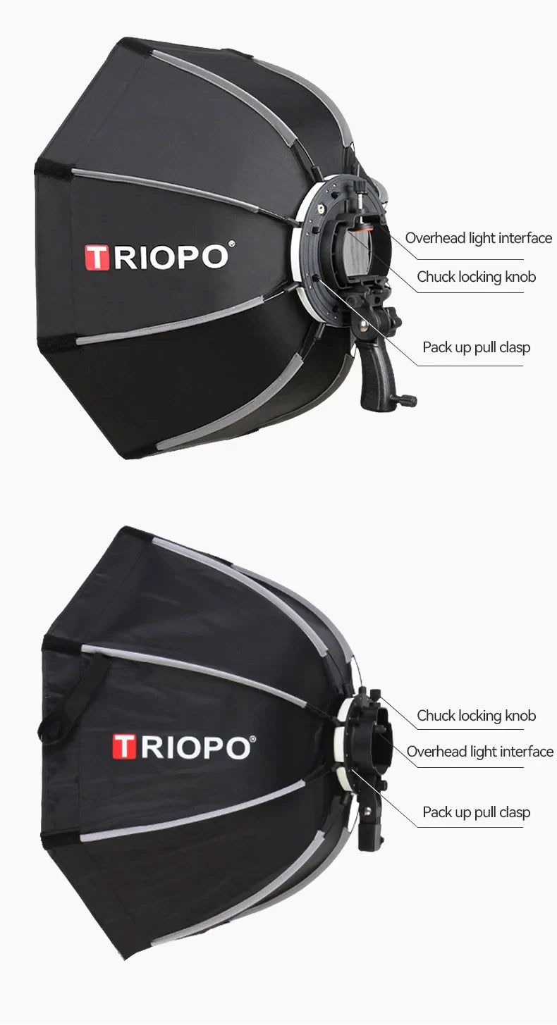 TRIOPO Foldable Octagon Softbox – 55cm, 65cm, 90cm, 120cm Bowens Mount for Sokani X100, COLBOR CL60, Godox & Aputure LED Video Lights