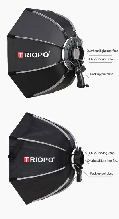 TRIOPO Foldable Octagon Softbox – 55cm, 65cm, 90cm, 120cm Bowens Mount for Sokani X100, COLBOR CL60, Godox & Aputure LED Video Lights