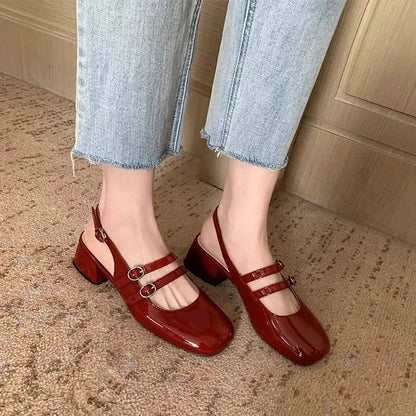 2025 Women’s Burgundy Mary Jane Shoes – Square-Toe Patent Leather Chunky Heel with Double Buckle