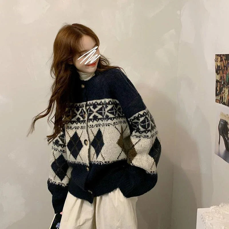 HELIAR Women’s Korean Patchwork Cardigan – Vintage Argyle Knit Sweater with Long Sleeves & Casual O-Neck