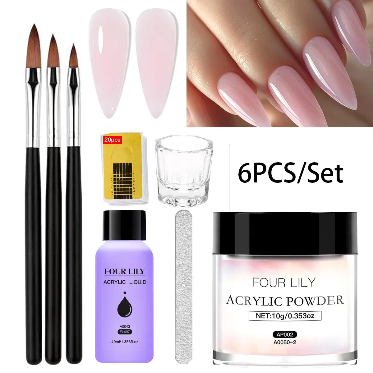 FOUR LILY Acrylic Nail Kit - Acrylic Powder, Liquid & Brush Set for Nail Extensions and Manicure