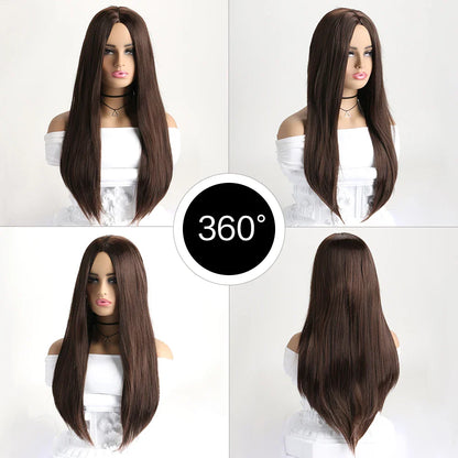 26-Inch Long Straight Wig with Mid Bangs – Black Ombre Heat-Resistant Wig for Women, Daily Wear, Cosplay & Halloween