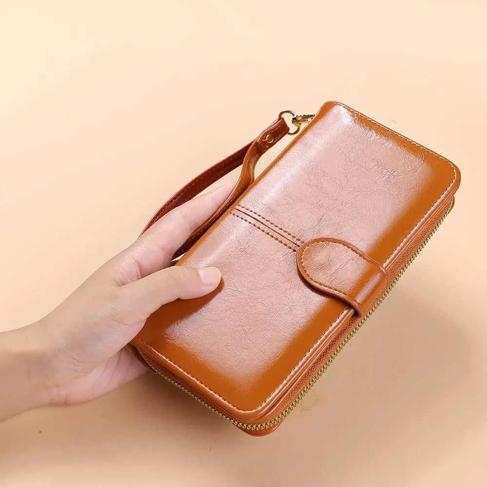 Women’s Vintage PU Leather Clutch Wallet – Large Capacity Phone Purse with Wristband, Card Holder & Pouch Bag