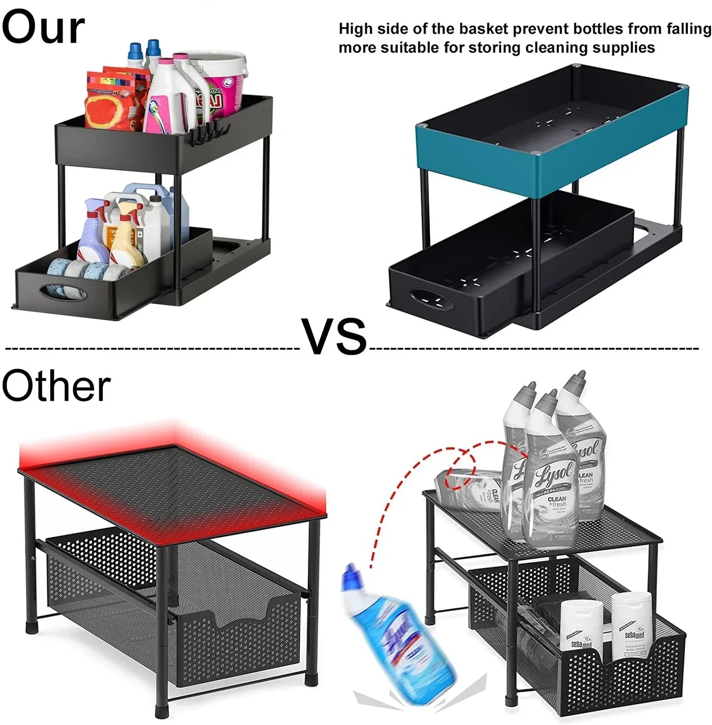 2-Tier Under Sink Organizer - Sliding Cabinet Basket with Hooks, Hanging Cup for Bathroom and Kitchen Storage