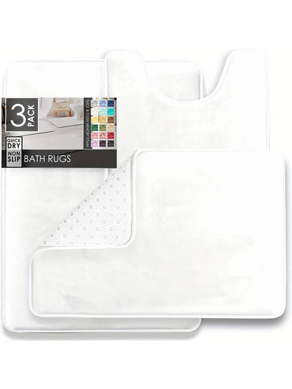 3PC Velvet Memory Foam Bathroom Rug Set - Ultra Soft, Non-Slip, Quick-Dry Machine Washable Bath Mats