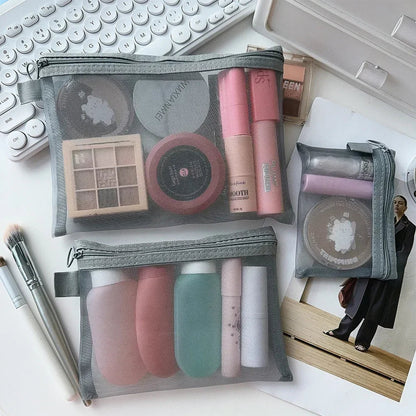 1/3PCS Black Mesh Clear Cosmetic Bag Set Portable Travel Makeup Toiletry Organizer Pouch Storage Case