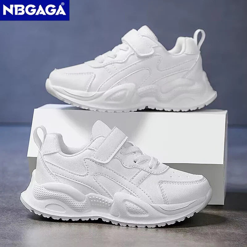 White Kids Leather Casual Shoes — Boys & Girls Outdoor Running Sneakers, Breathable Mesh, Non-Slip School Walking Sport Shoes