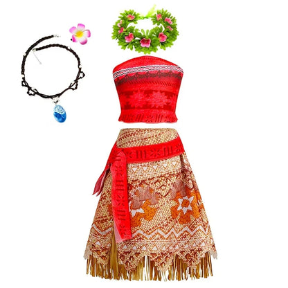 Disney Moana Princess Dress Costume Set - Kids Girls Vaiana Cosplay with Headwear, Necklace & Pet Accessories