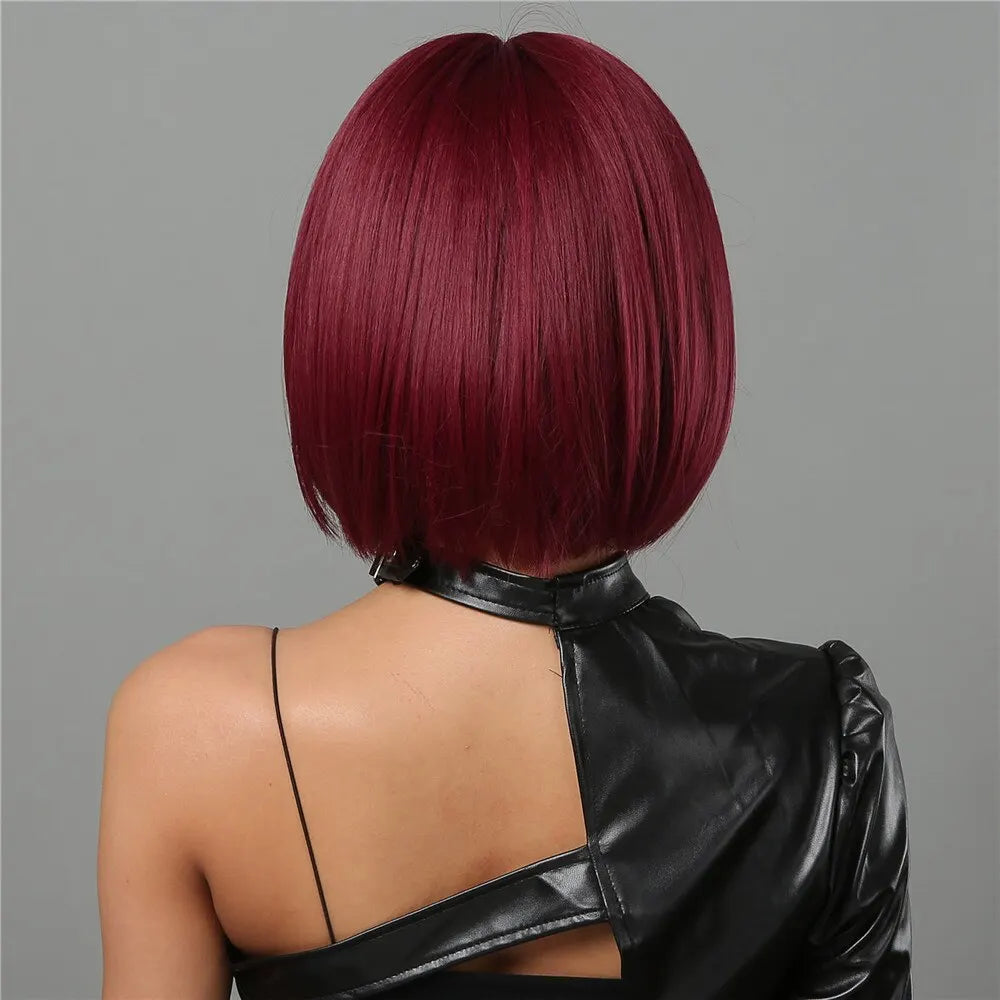 Wine Red Short Bob Wigs for Women - Burgundy Bob Wigs with Thick Bangs, Heat Resistant Synthetic Wig