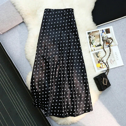 Seoulish Women’s Vintage Polka Dot Satin Mermaid Skirt – High Waist Midi Length Casual Spring Summer Fashion Skirt 2026