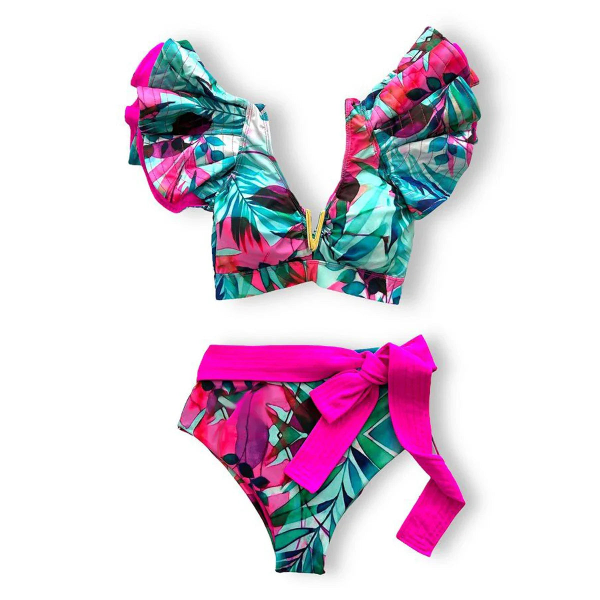 Sporlike V-Neck Ruffled Bikini Set – High Waist Sexy Printed Two-Piece Swimsuit for Women 2025