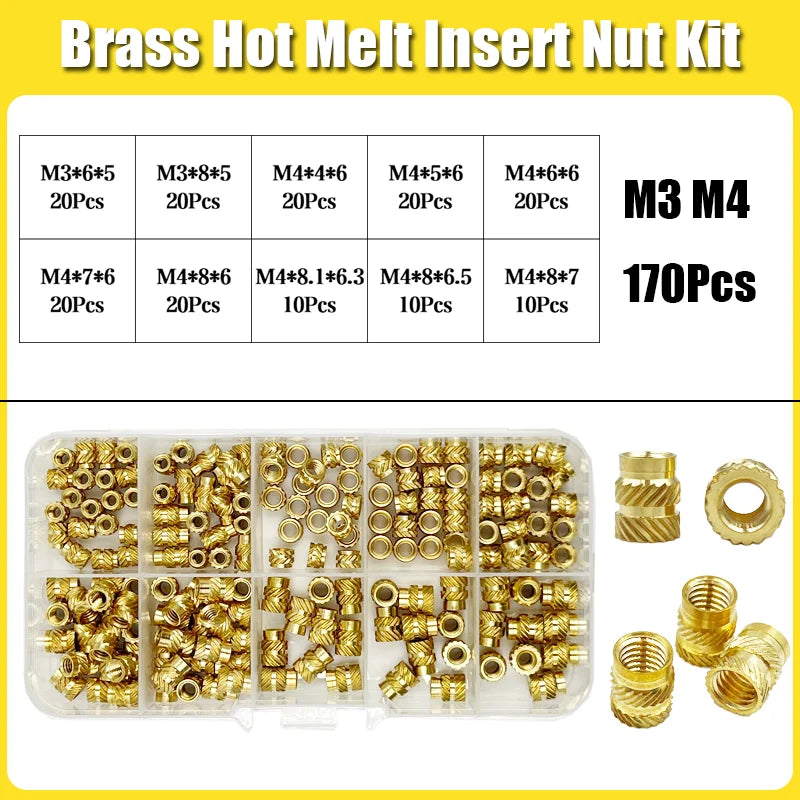 Brass Threaded Insert Nut Kit M2–M8 – Heat Set Knurled Copper Nuts for 3D Printing & Plastic Injection