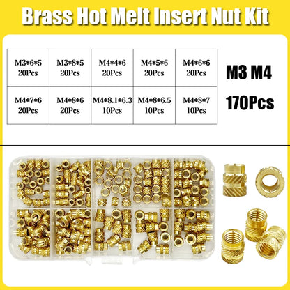 Brass Threaded Insert Nut Kit M2–M8 – Heat Set Knurled Copper Nuts for 3D Printing & Plastic Injection