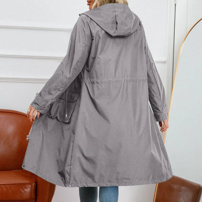 Women’s Hooded Trench Coat - Long Sleeve Solid Color Windbreaker with Elegant British Style