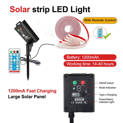 12V/24V Solar COB LED Strip Light IP68 Waterproof Flexible Tape Lamp 320 LEDs Warm & Natural White for Garden Decoration – 0.5M/1M/2M/5M