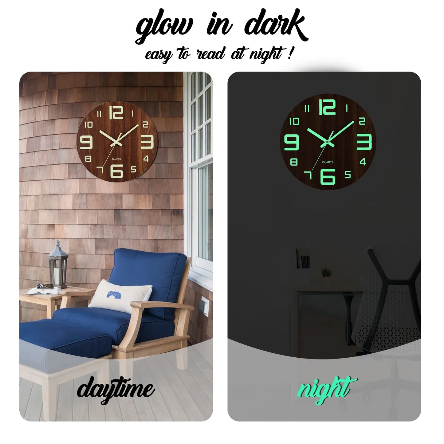 12-Inch Luminous Wall Clock — Nordic Wooden Silent Clock with Night Light, Non-Ticking Design for Dark Room
