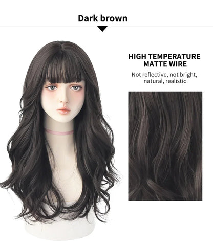 7JHH Brown Ash Long Deep Wave Lolita Wig for Women — Synthetic Hair with Bangs, Thick Curly Fashion Wig