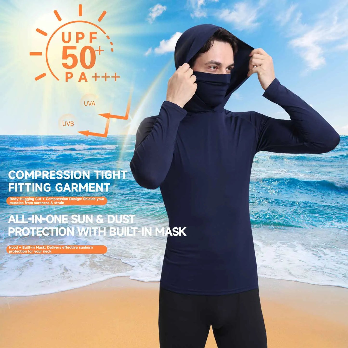 Men’s UPF50+ Athletic Hoodie Long Sleeve – UV Sun Protection Fishing Shirt with Built-In Face Mask & Stretch Fit