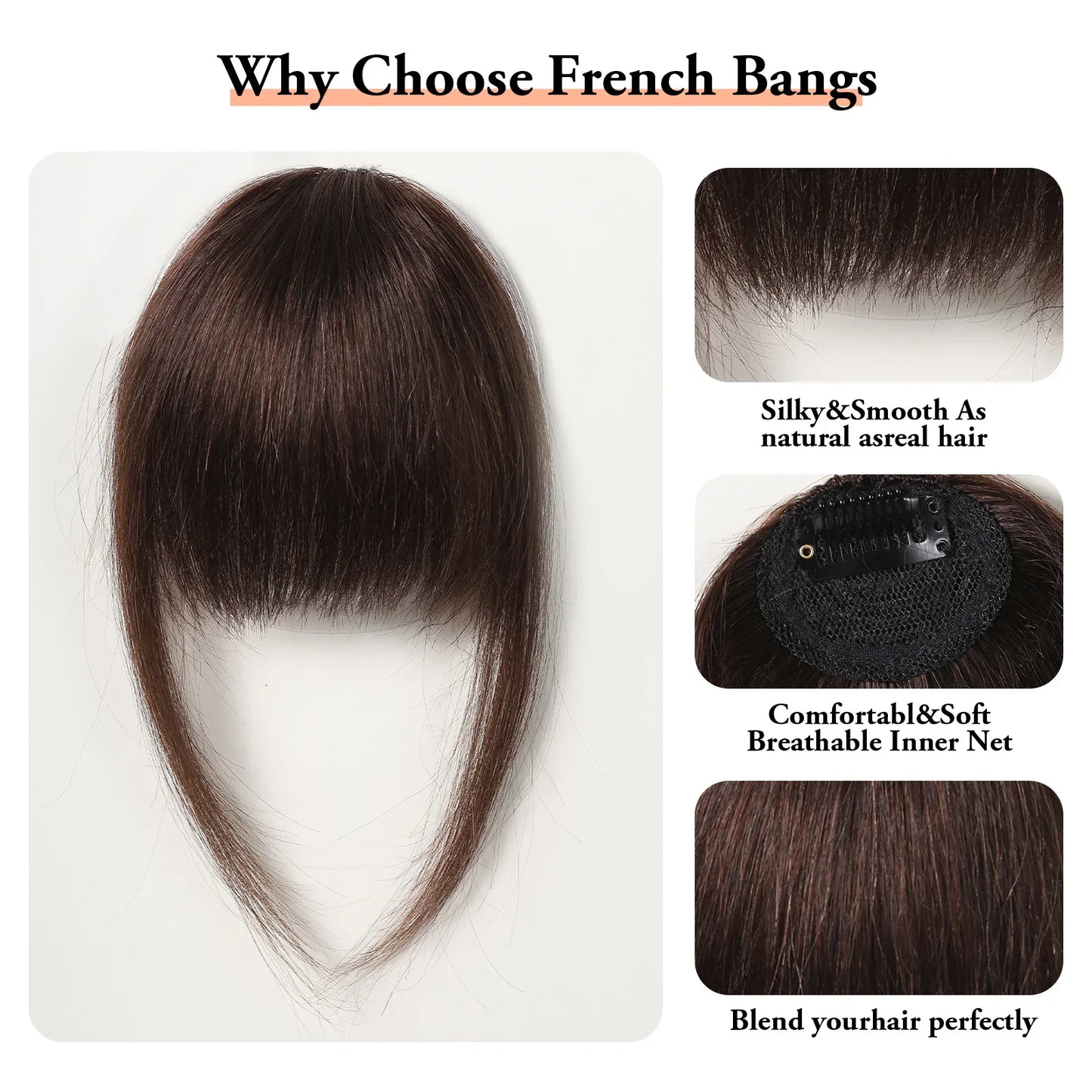 100% Human Hair Clip-In Bangs - Natural Brown Wispy Fringe with Temples, 4.5in Air Bang Hairpiece for Women