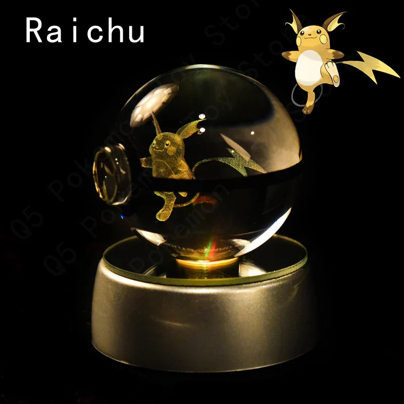 Pokemon 3D Crystal Ball Figurine — Pikachu, Gengar, Mew, Mewtwo Glass Statue with Lamp Base, Kids Birthday Gift