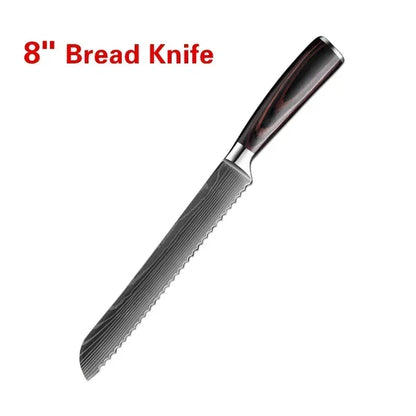 Laser Damascus Kitchen Knife Set – Cleaver, Meat, Fruit, Bread, Boning Knife and Chicken Scissors for Barbecue and Home Cooking