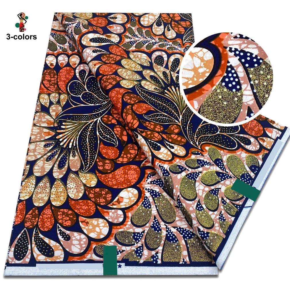 African Glitter Glam Wax Fabric - 100% Cotton Golden Ankara Print 6 Yards