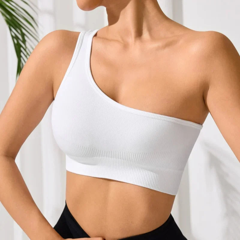 Seamless One Shoulder Yoga Sports Bra for Women – Mileegirl Ribbed Crop Top Quick Dry Gym Workout Bra